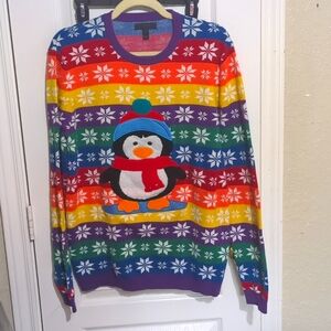 ASOS winter sweater rainbow and penguin
